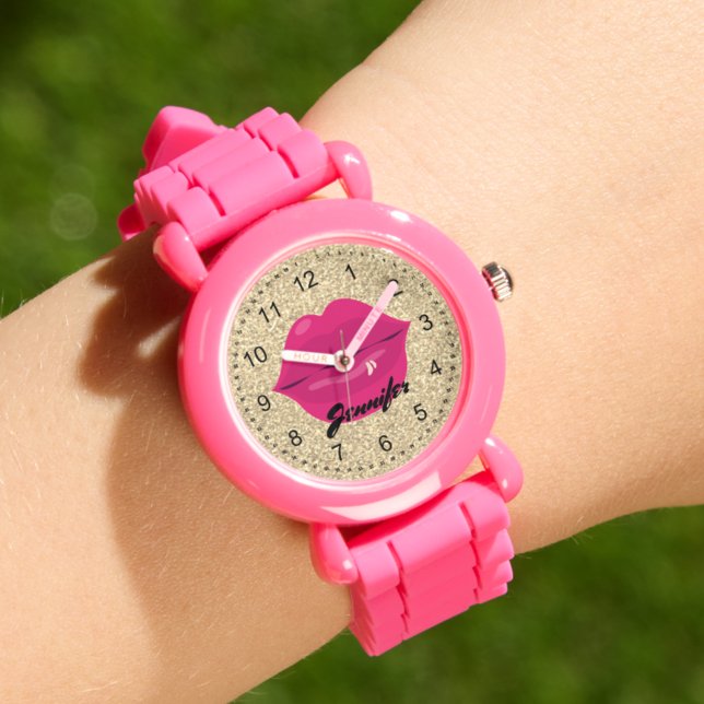 pink lips gold glitters personalised girl watch (Creator Uploaded)