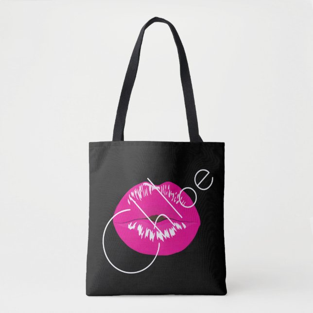 Pink Lips Kiss Black Name Customise Tote Bag (Front)