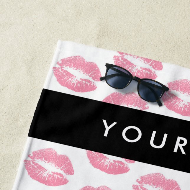 Pink Lips, Kiss, Lipstick, Your Name, Personalise Beach Towel (In Situ)