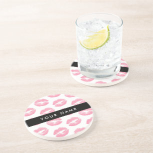 Pink Lips, Kiss, Lipstick, Your Name, Personalise Coaster