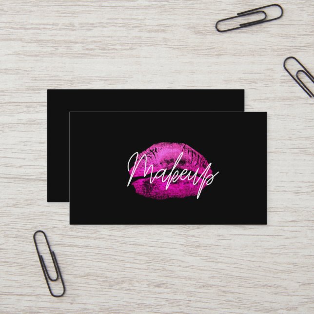 Pink Lips Kiss Makeup Beauty Glam Chic Black Business Card (Front/Back In Situ)