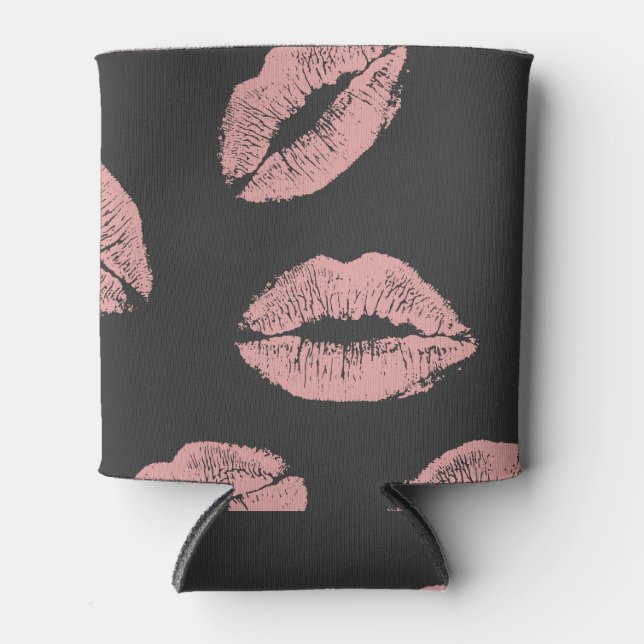 Pink lips kisses, Valentine's day pattern. Can Cooler (Front)