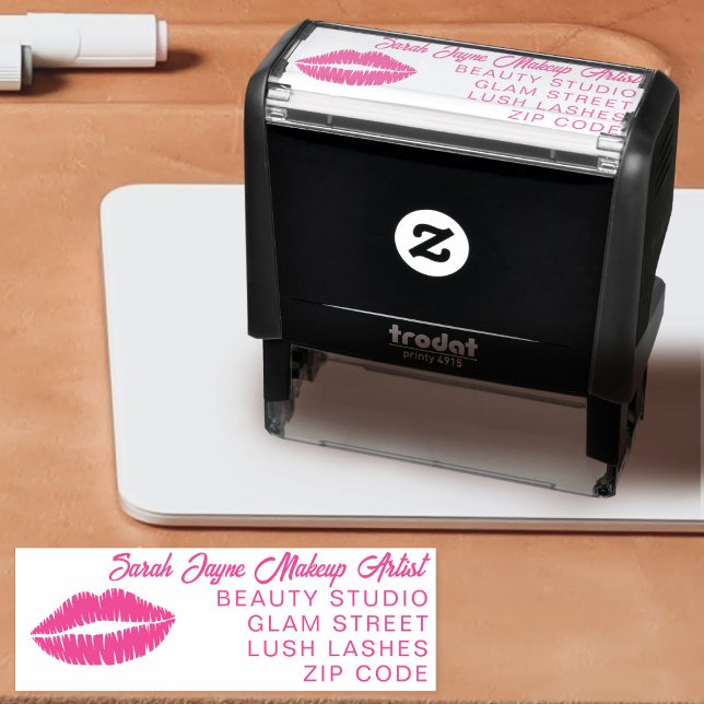 Pink Lips Makeup Artist Address Self-inking Stamp (Perfect address stamp for your makeup business. Just add your details)
