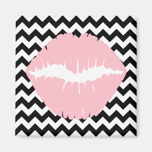 Pink Lips on Black and White Zigzag Magnet