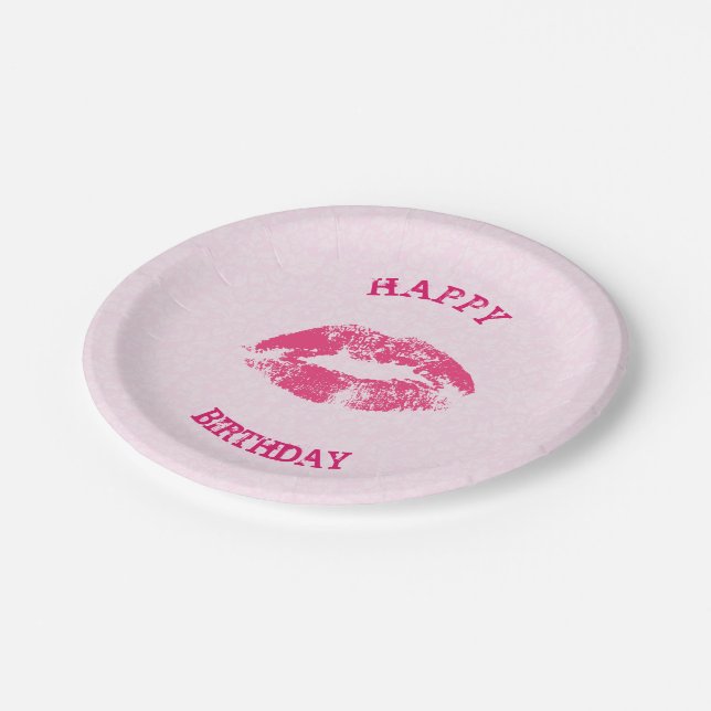 Pink Lips On Pink Damask- Happy Birthday Paper Plate (Angled)