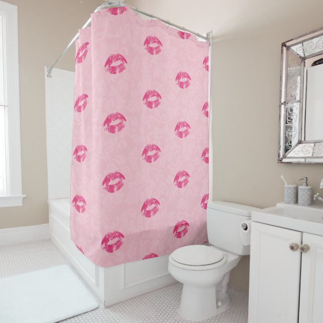 Pink Lips Pattern And Damask Shower Curtain (In Situ)
