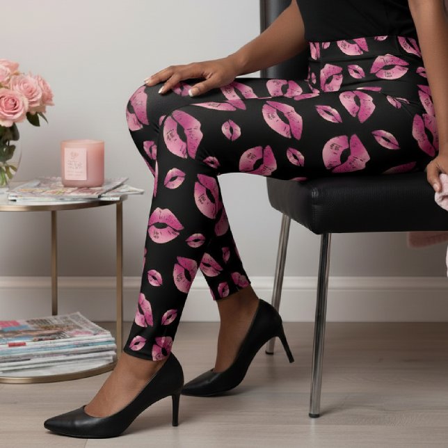 Pink Lips Pattern Black Leggings (Pink Lips Pattern Black Leggings
)