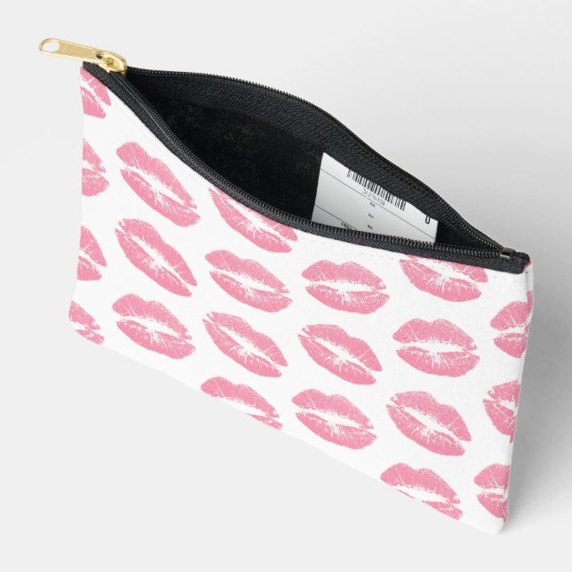 Pink Lips, Pattern Of Lips, Pink Lipstick, Kiss Accessory Pouch (Open)