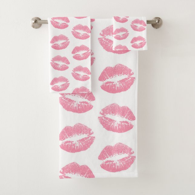 Pink Lips, Pattern Of Lips, Pink Lipstick, Kiss Bath Towel Set (Insitu)