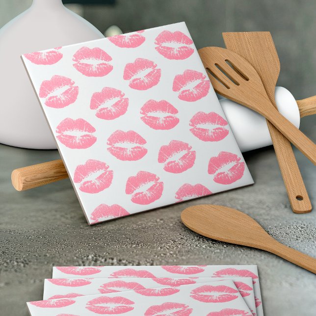 Pink Lips, Pattern Of Lips, Pink Lipstick, Kiss Ceramic Tile (Creator Uploaded)