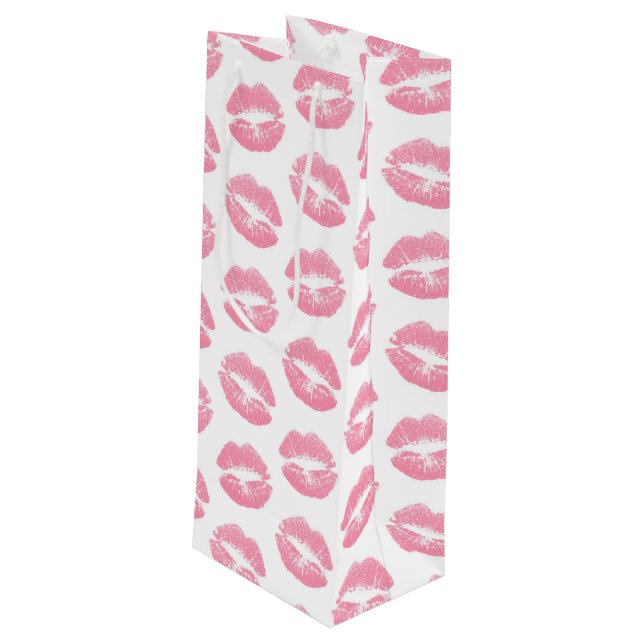 Pink Lips, Pattern Of Lips, Pink Lipstick, Kiss Wine Gift Bag (Back Angled)