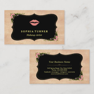 Pink Lips Rose Gold Glitter Wild Flowers Monogram Business Card