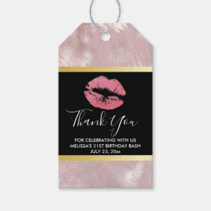 Pink Lips & Rose Gold Tropical Leaves Birthday Gift Tags