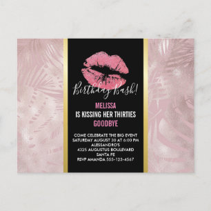 Pink Lips & Rose Gold Tropical Leaves Birthday Postcard