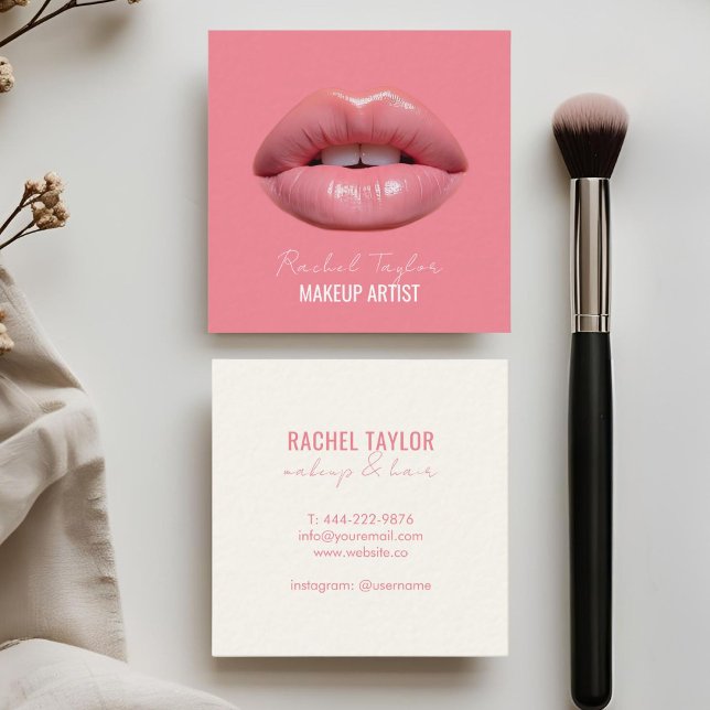 Pink Lips | Script Makeup Square Business Card (Creator Uploaded)