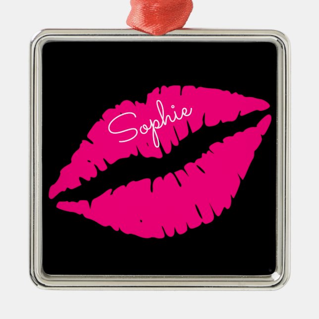 Pink lipstick kiss pop art personal name metal ornament (Front)