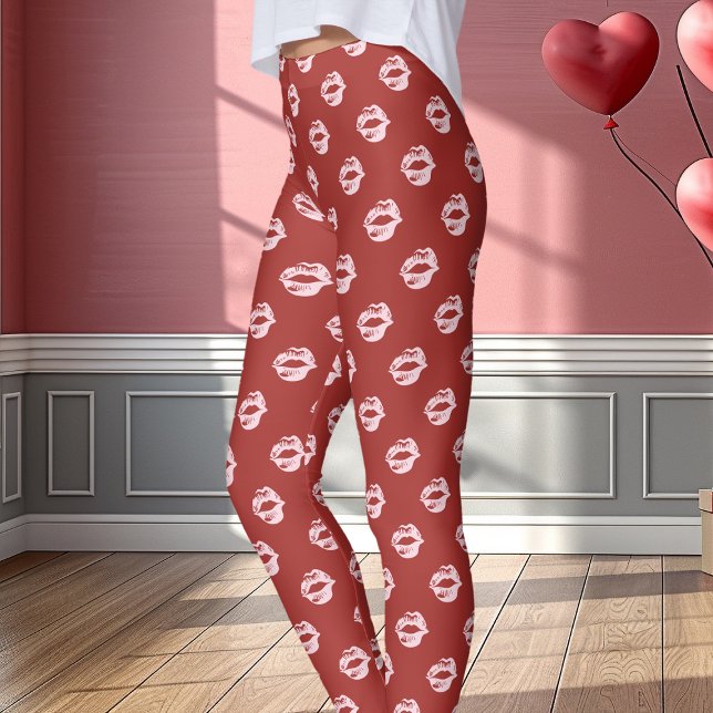 Pink Lipstick Kiss Print Red Leggings (Creator Uploaded)