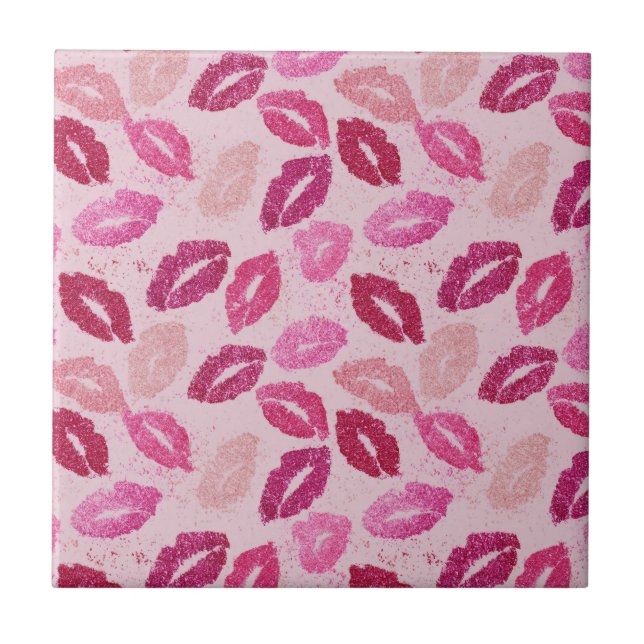 Pink Lipstick Kiss Seamless Pattern Ceramic Tile (Front)