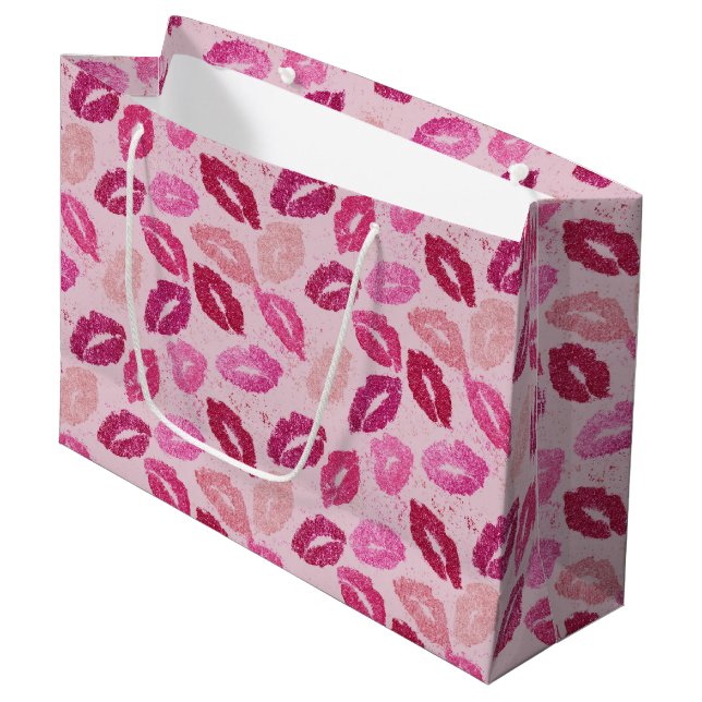 Pink Lipstick Kiss Seamless Pattern Large Gift Bag (Front Angled)