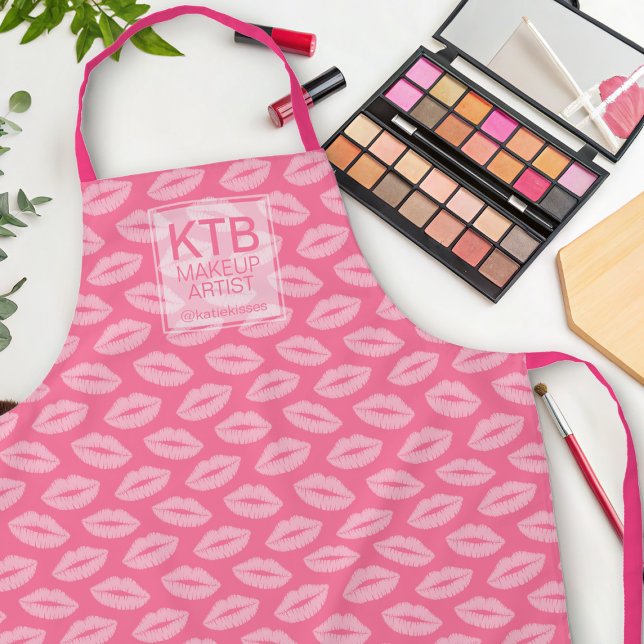 Pink Lipstick Lips Custom Makeup Artist Apron (Add your initials and socials to this cute pink lipstick pattern apron)