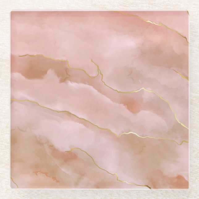 Pink Liquid Marble Gold Texture Glass Coaster (Front)
