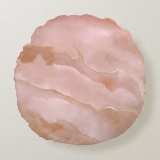 Pink Liquid Marble Gold Texture Round Cushion