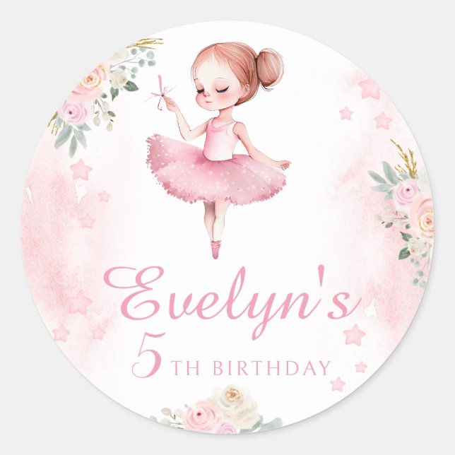 Pink little ballerina girl birthday round stickers (Front)