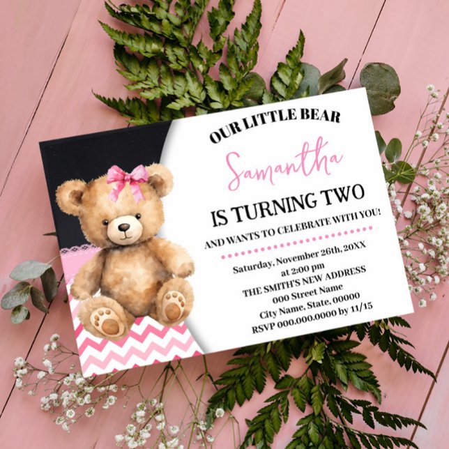 Pink Little Bear Birthday Pink Chevron Teddy Bear Invitation (Creator Uploaded)