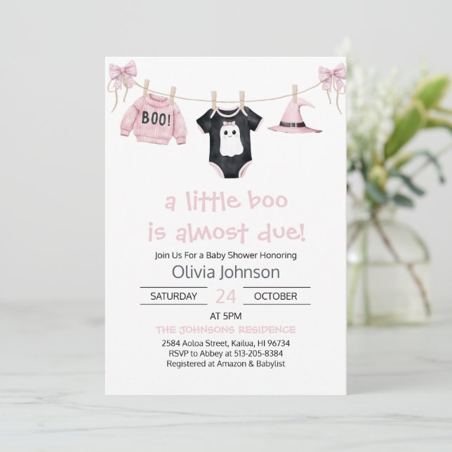 Pink Little Boo Halloween Girl Clothes Baby Shower Invitation (Standing Front)