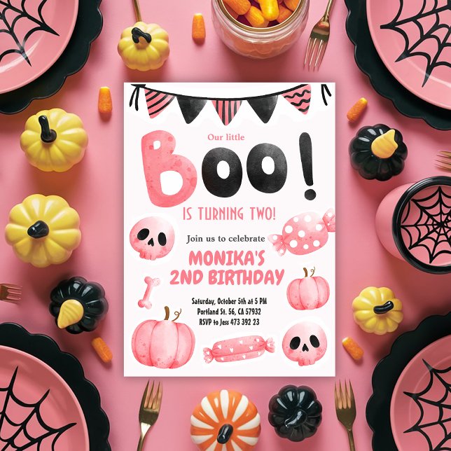 Pink Little Boo Two Girl Halloween 2nd Birthday  Invitation (Creator Uploaded)