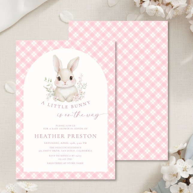 Pink Little Bunny Gingham Arch Baby Shower Invitation (Creator Uploaded)