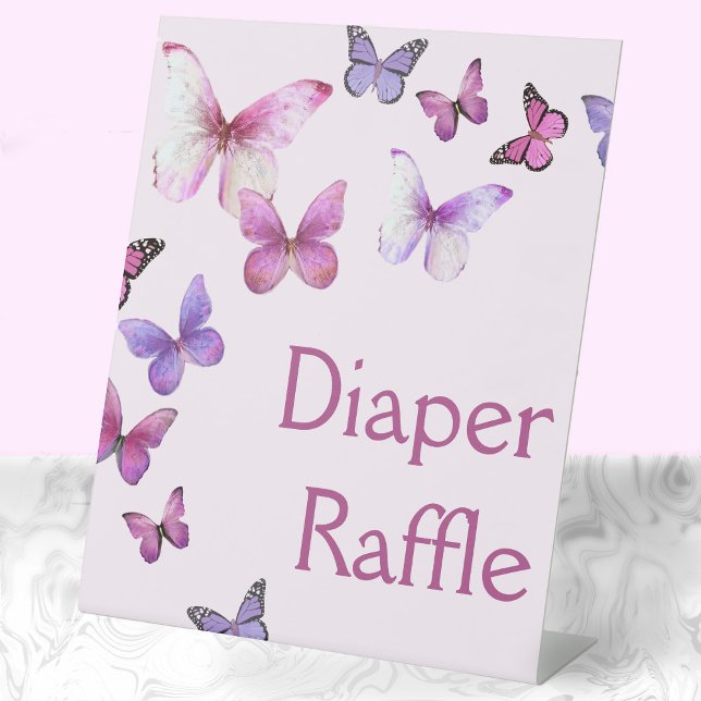 Pink Little Butterfly Baby Shower Diaper Raffle Pedestal Sign (Creator Uploaded)