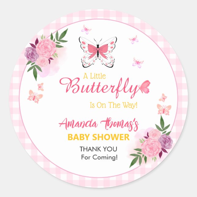 Pink Little Butterfly Baby Shower Thank You  Classic Round Sticker (Front)