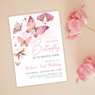 Pink Little Butterfly is Turning One 1st Birthday Invitation