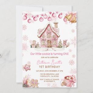 Pink Little Cookie Christmas 1st birthday  Invitation
