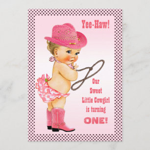Pink Little Cowgirl Polka Dots 1st Birthday Invitation