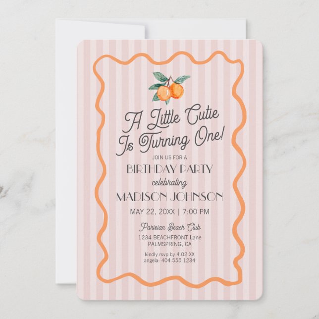 Pink Little Cutie Pastel Citrus Theme Birthday Invitation (Front)