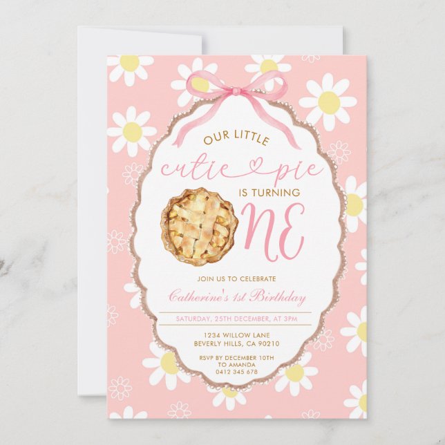 Pink Little Cutie Pie First Birthday Daisy Floral Invitation (Front)
