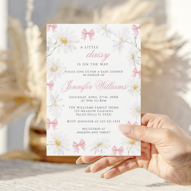 Pink Little Daisy Bow Spring Baby Girl Shower Invitation (Creator Uploaded)
