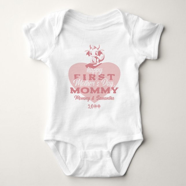 Pink Little Dragon Baby Dragon First Mother's Day Baby Bodysuit (Front)