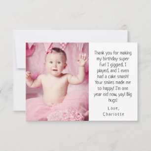 Pink Little Girl's 1st Birthday Thank You Photo Card