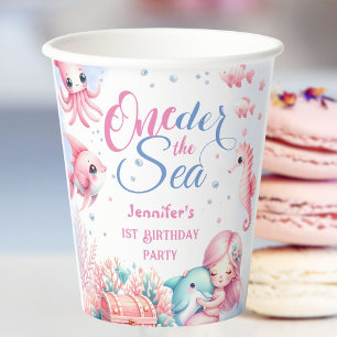 Pink Little Mermaid 1st Birthday Paper Cups