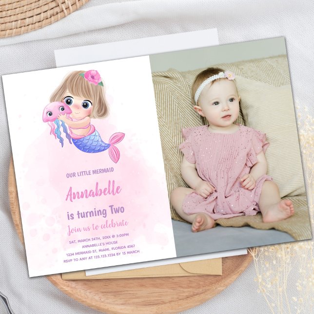 Pink Little Mermaid Birthday Invitation with Photo (Pink little Mermaid Invitations with photo)