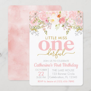 Pink Little Miss ONEderful Girl First Birthday Invitation