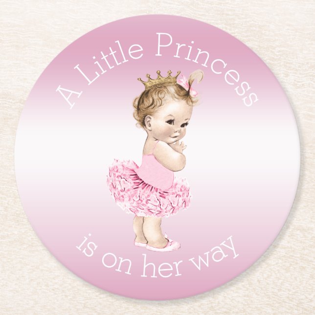 Pink Little Princess Ballerina Baby Shower Round Paper Coaster (Front)