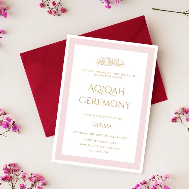 Pink Little Princess Minimal Gold Aqiqah Ceremony Invitation (Creator Uploaded)