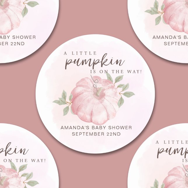 Pink Little Pumpkin Autumn Fall Baby Shower Classic Round Sticker (Creator Uploaded)