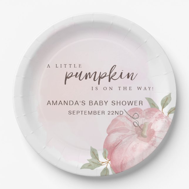 Pink Little Pumpkin Autumn Fall Baby Shower Paper Plate (Front)