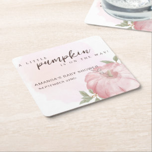 Pink Little Pumpkin Autumn Fall Baby Shower Square Paper Coaster