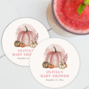 Pink Little Pumpkin Fall Cute Girl Baby Shower Round Paper Coaster